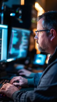 A dedicated it professional intently analyzes code late at night in a dimly lit office, illuminated only by the glow of multiple monitors, showcasing a focused and tech-savvy environment.