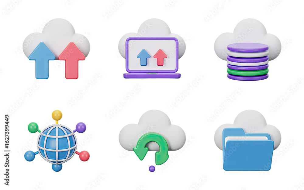 Poster modern 3d icons representing cloud computing services, data transfer and storage solutions