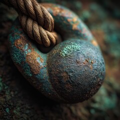 Rusty Metal Ring with Twisted Rope on a Weathered Surface