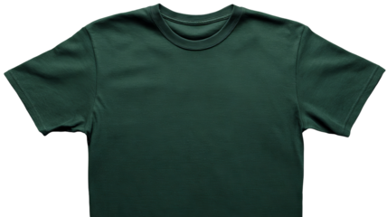 High-resolution plain dark green T-shirt mockup PNG with seamless transparent background ideal for apparel cutouts, print-on-demand previews, and e-commerce product displays