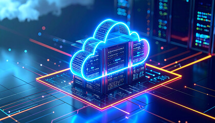 Futuristic cloud server icon illuminated with neon lights, showcasing advanced technology and digital connectivity
