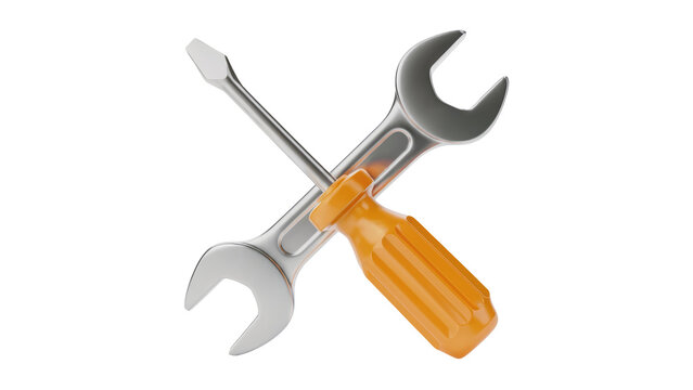 Reliable tools crossed for repair and maintenance projects, signifying DIY success and expert solutions isolated on transparent background