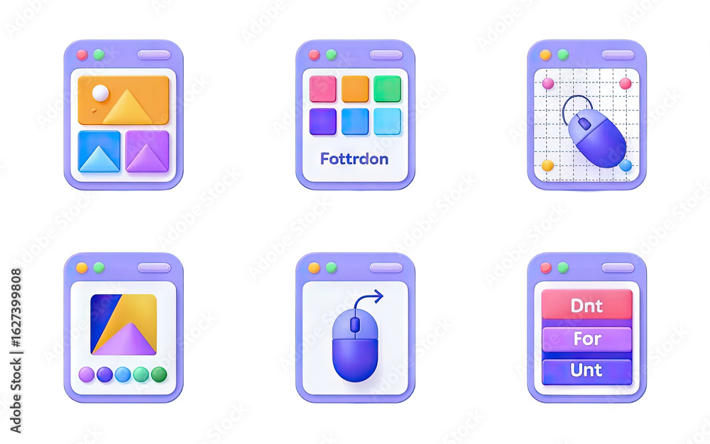 Poster modern ui icons featuring creative layouts, app grids, and interactive mouse elements for digital de