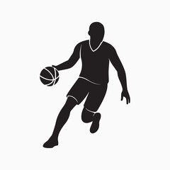Silhouette of a basketball player dribbling a ball isolated on white background
