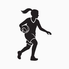 Silhouette of a girl dribbling a basketball isolated on white background
