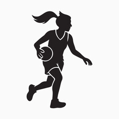 Silhouette of a young girl playing basketball, isolated on white background