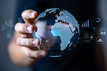 Hand holding a glowing digital globe with futuristic technology icons and data streams, representing global connectivity, digital transformation, and the interconnectedness of modern business and comm