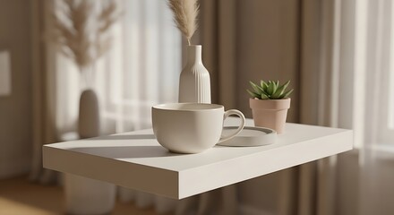 Elegantly Minimalist Scene White Cup Succulent Vase and Feather Plume Creating Serene Ambiance with Soft Lighting and Neutral Tones