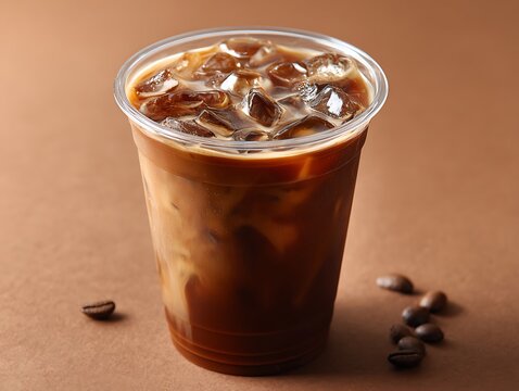 Plastic cup of cold coffee Blank take away kraft cofee on white background realistic mock up beaverage di cut template block with blank space Iced fresh aroma latte with cream milk in ice cube
