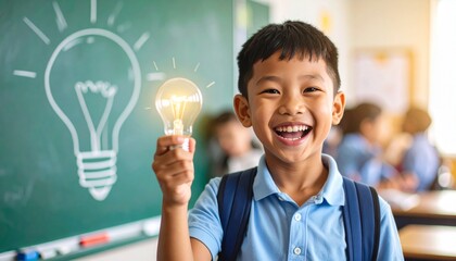 a Boy in Classroom with Chalkboard and Light Bulb Drawing
