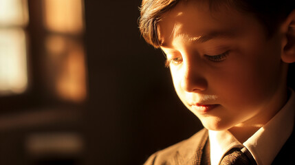 Garoto de terno observa pensativo com expressão introspectiva