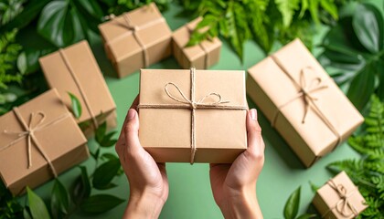 a Hands Holding Eco-Friendly Box Surrounded by Greenery and a Gifts