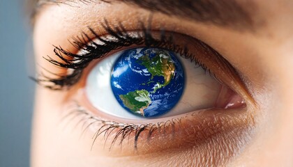 a Human Eye Close Up with Overlay of Earth Globe Global Awareness and Vision Concept