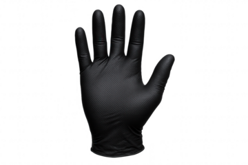 Close-up view of a black textured nitrile glove with fingers extended, showcasing grip and protection for various industries.
