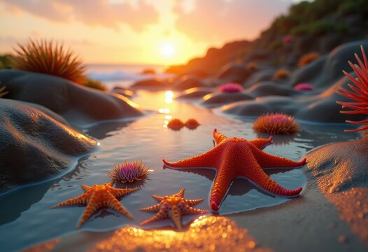 vibrant tide pools sunset illumination colorful sea life reflections coastal enchantment marine nature serenity, shoreline, beach, rock, creature, coral