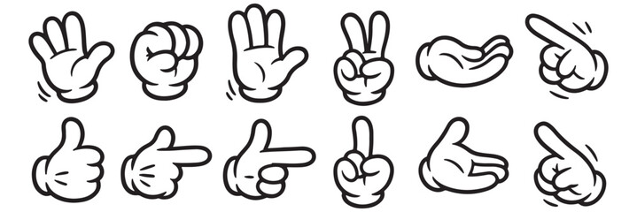 Cartoon Hands Vector Illustration Set: Expressive White Glove Gestures, Pointing, Waving, Victory Sign, and Cupped Hand Collection for Diverse Design Projects