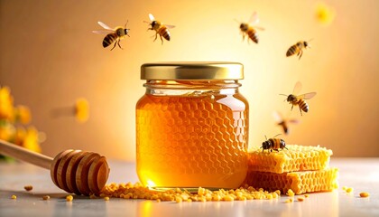 a jar organic honey with honeycomb and bees Natural sweetness label