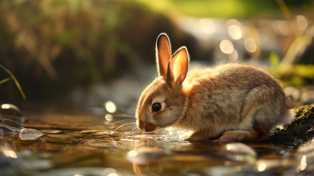 Coelho jovem bebe em riacho com orelhas transl&uacute;cidas