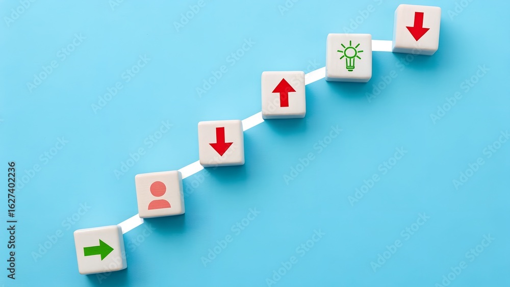 Poster directional insight concept – diagonal row of symbolic cubes with mixed arrows and light bulb, abstr