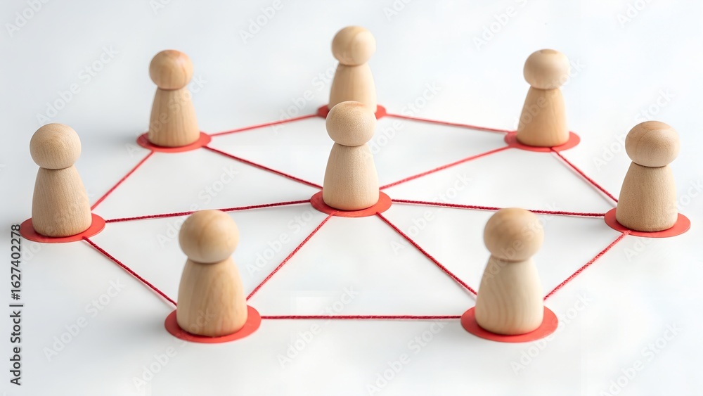 Poster network dynamics concept – circular arrangement of wooden figures linked by red strings, connectivit
