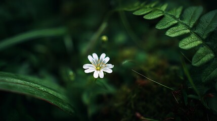 Close up of delicate little white flower in bloom on soft natural background