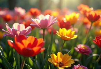 Obraz premium vibrant flowers dew drops sunlight nature blooming flora colorful petals garden beauty, botanical, beautiful, spring, leaf, ornamental, landscape, pink