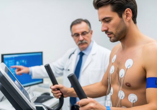 Doctor performing stress test on a patient with ecg electrodes attached to chest