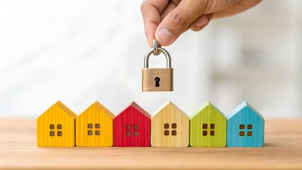 Home Security and Selection Concept – Colored Wooden Houses with Metallic Padlock on Red Model, Real Estate, Protection, Abstract, Symbolic, Ownership