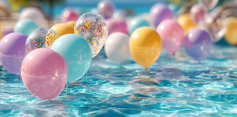 Colorful happy birthday balloons floating in pool, celebration, balloons