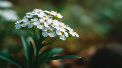Close up of delicate little white flower in bloom on soft natural background