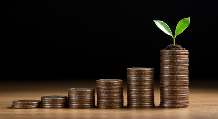Growing Money: Plant Growing on Coin Stacks.