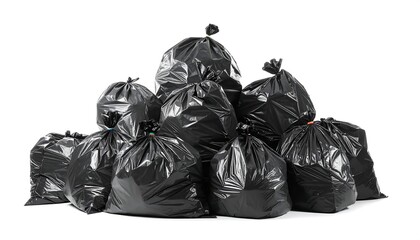 A pile of overflowing black plastic trash bags on a white background