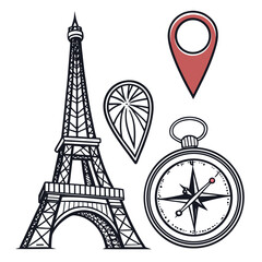 Obraz premium Collection of travel icons including the eiffel tower a compass and location pins on a white background