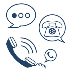 Collection of communication icons featuring speech bubbles with dots and telephones for contact and conversation