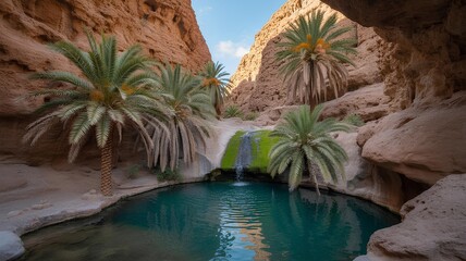 Enchanting grotto oasis with turquoise water and palms in a rocky canyon landscape