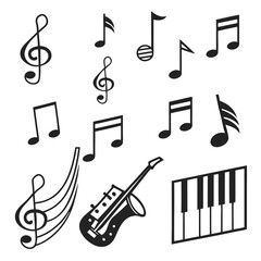Collection of musical notes treble clefs saxophone and piano keyboard icons isolated on white background