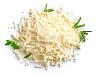 A pile of shredded cheese with fresh herbs on a white background