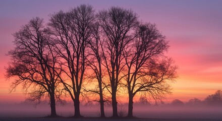 Serene Sunrise: Silhouette Trees in Misty Dawn