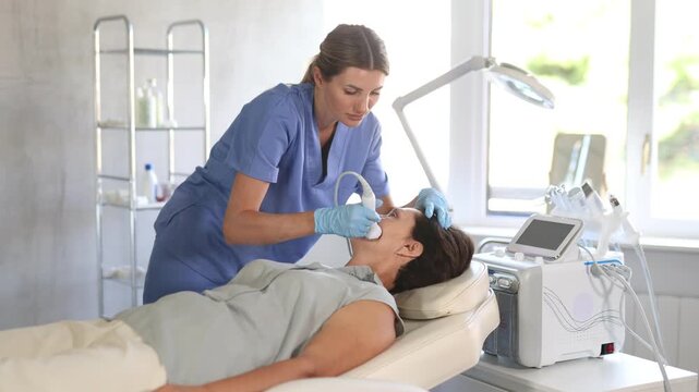 Woman doctor doing a facial deep hydration procedure on elderly female pacient in aesthetic medicine clinic. High quality 4k footage