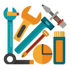 Collection of colorful flat design tools including wrenches hammer and other construction equipment arranged on a white background