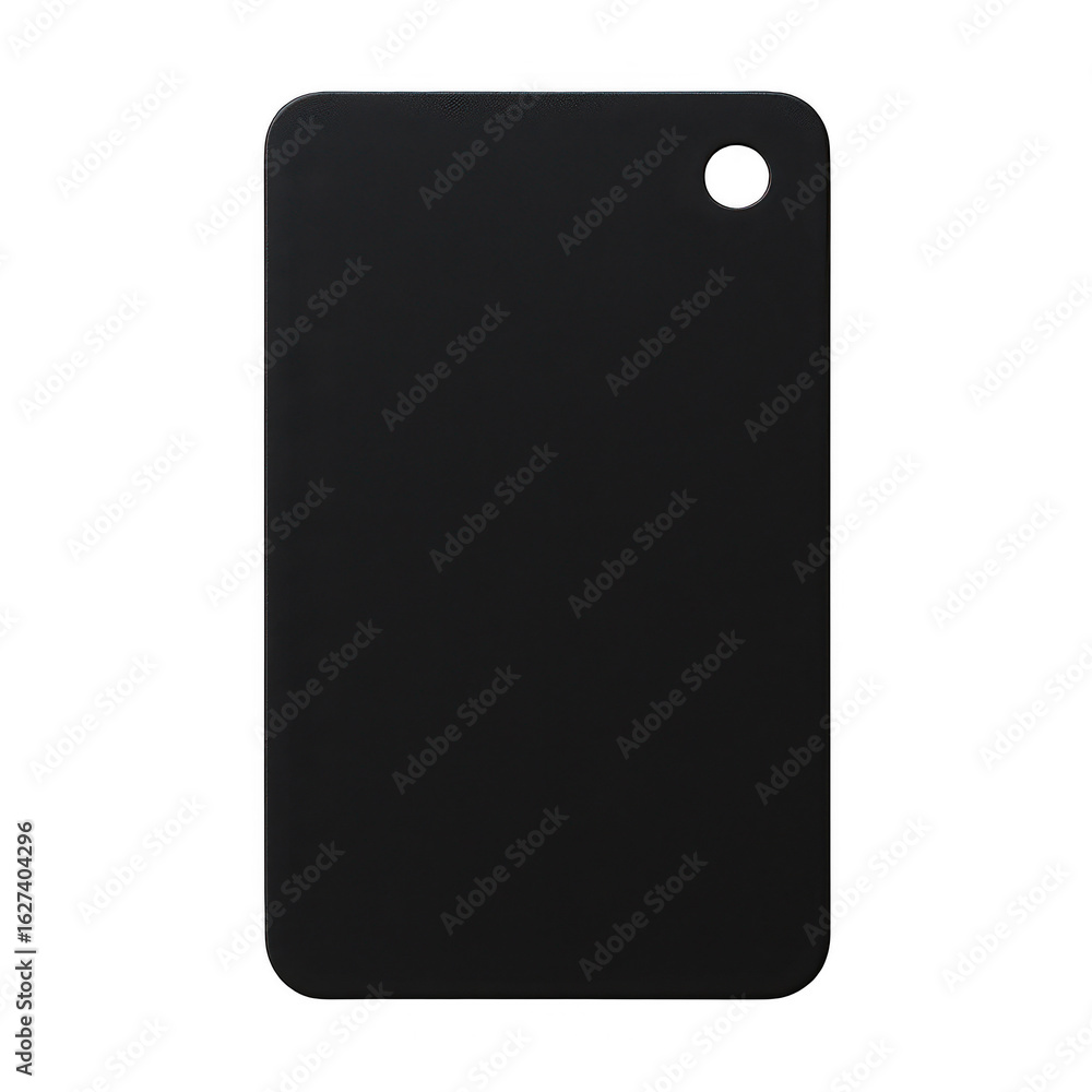 Poster minimalist black rectangular device with rounded corners and a single circular cutout, isolated on b