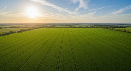 Aerial View of Lush Green Agricultural Field at Sunset: Farmland Panorama
