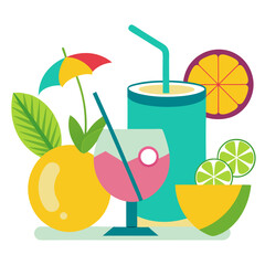Refreshing summer drinks with tropical fruits and a colorful umbrella on a white background