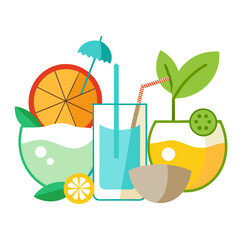 Refreshing summer drinks with tropical fruits and garnishes on a white background