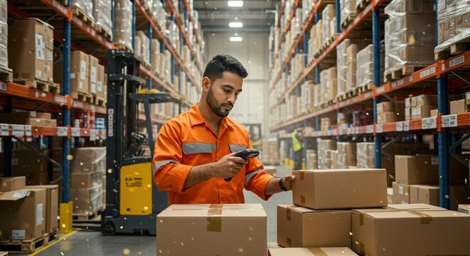 Warehouse worker scanning boxes for inventory management and logistics efficiency process control system