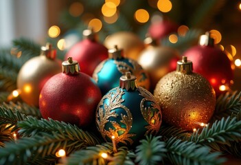 colorful festive ornaments winter pine branches christmas decoration bright sparkling cheerful holiday spirit, sparkle, tree, celebration, light, shiny, glitter