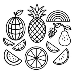 Collection of stylized black and white outline fruits including pineapple watermelon orange pear grapes and a rainbow on a white background