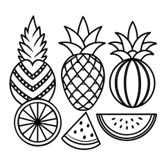Collection of stylized black and white line art fruits including pineapples watermelon and citrus slices