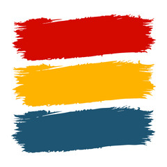 Obraz premium Three horizontal brush strokes in red yellow and blue with textured edges on a white background