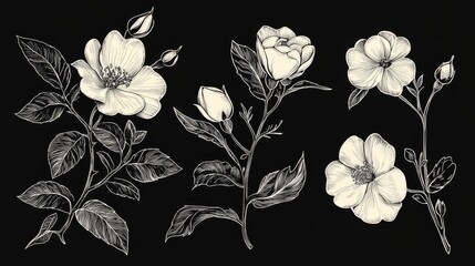 83.A combination of color and monochrome vector art featuring a blooming jasmine flower set, with detailed twig outlines, showcasing the beauty of the Philadelphus virginal spring blooms in a clean,